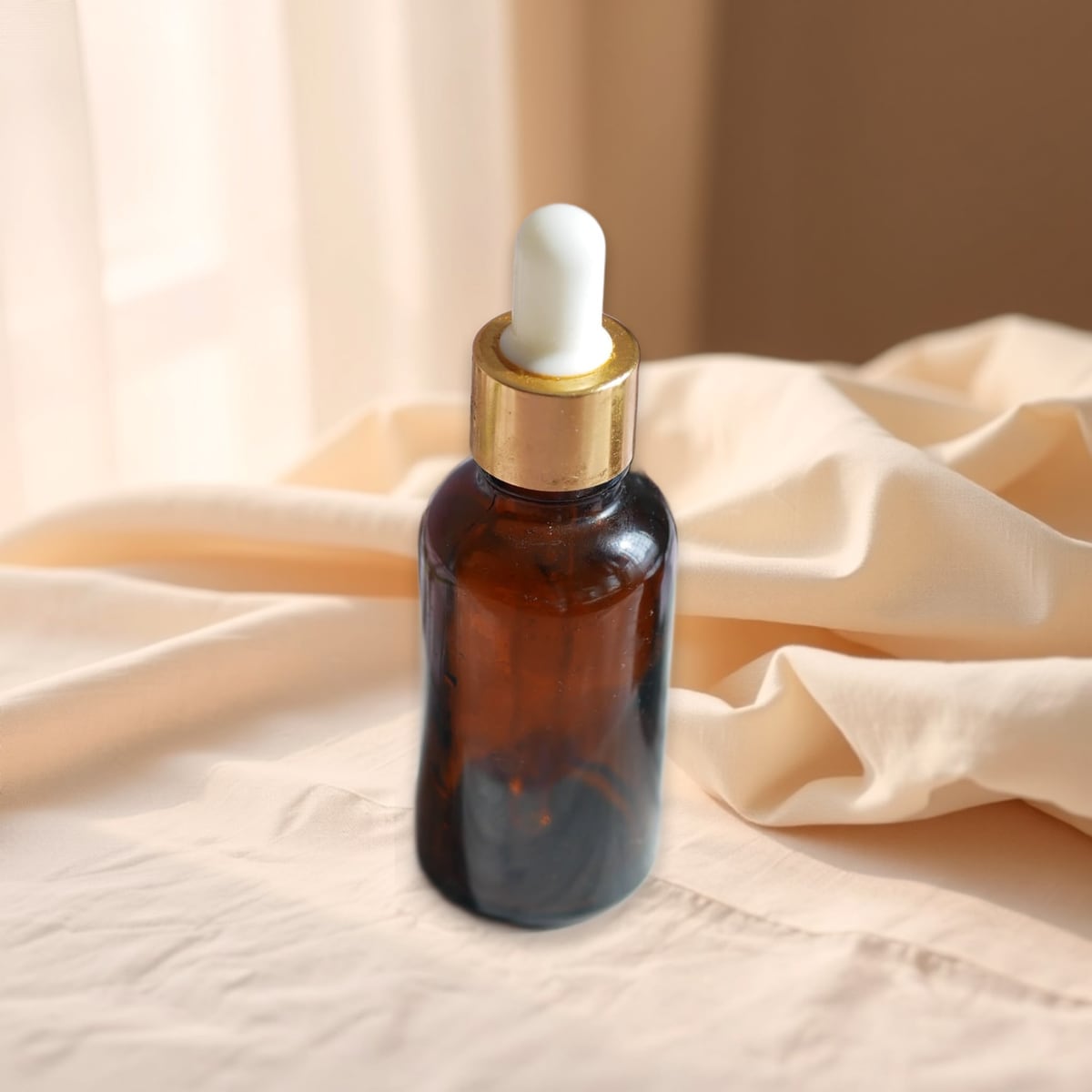 Amber serum bottle, linen scene